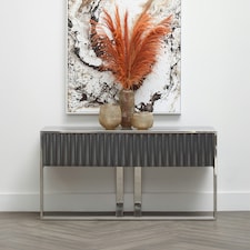 Interiors by Premier Grey Hi‑Gloss Finish Console Table, Sleek Glossy Grey Top with Polished Stainless Steel Frame Grey