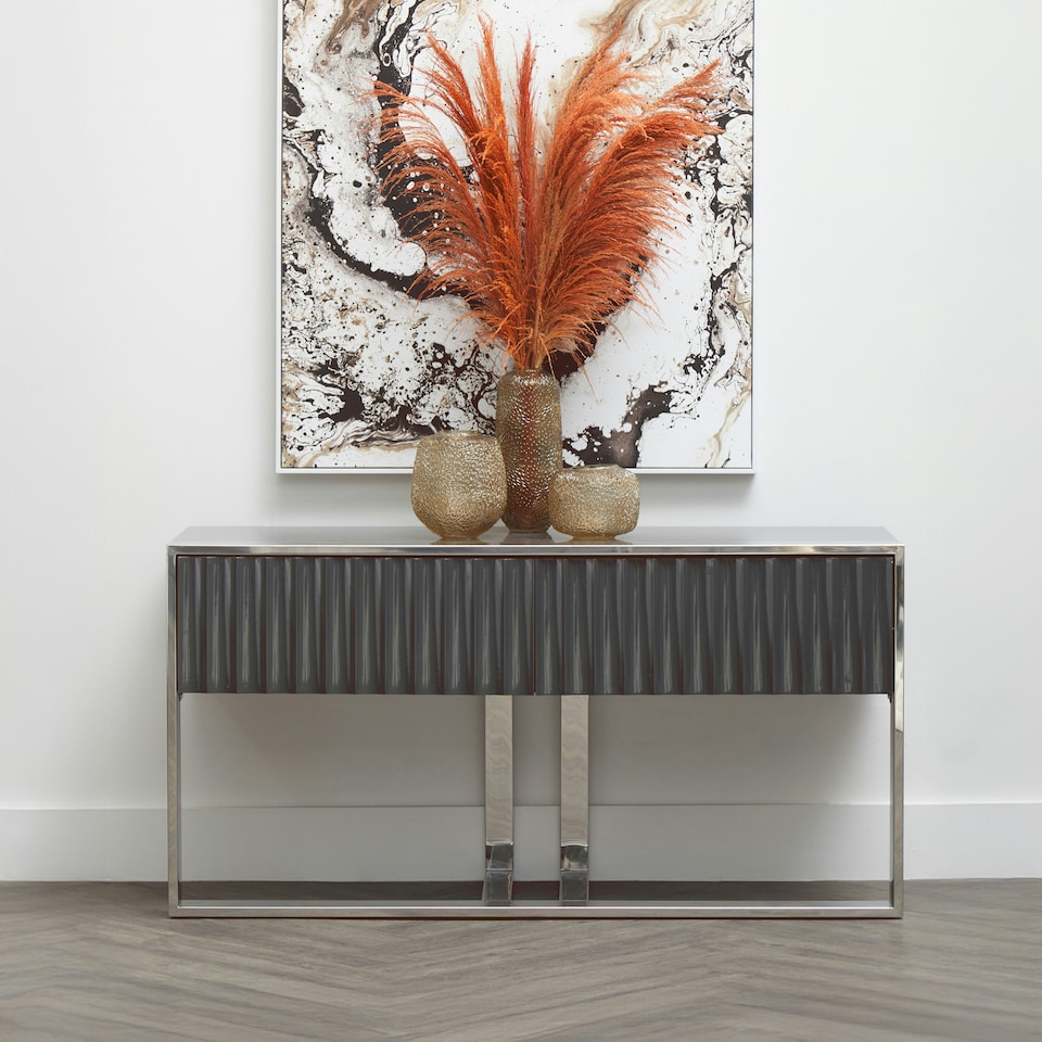 image 1 of Interiors by Premier Grey Hi‑Gloss Finish Console Table, Sleek Glossy Grey Top with Polished Stainless Steel Frame Grey