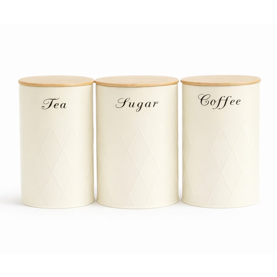 image 1 of 5pc Cream Bamboo Lid Kitchen Canister Set Bread Biscuits Tea Sugar Coffee