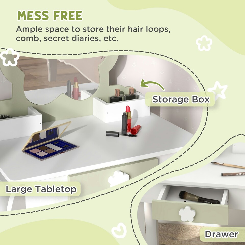 image 1 of ZONEKIZ Kids Vanity Table Set, Beauty Flower Design, for Ages 3-6 Years - White White