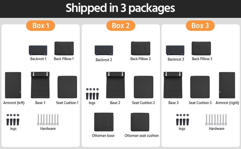 image 1 of Yaheetech 189 cm W 3-Seater Sofa with Ottoman | Black | Three Seater