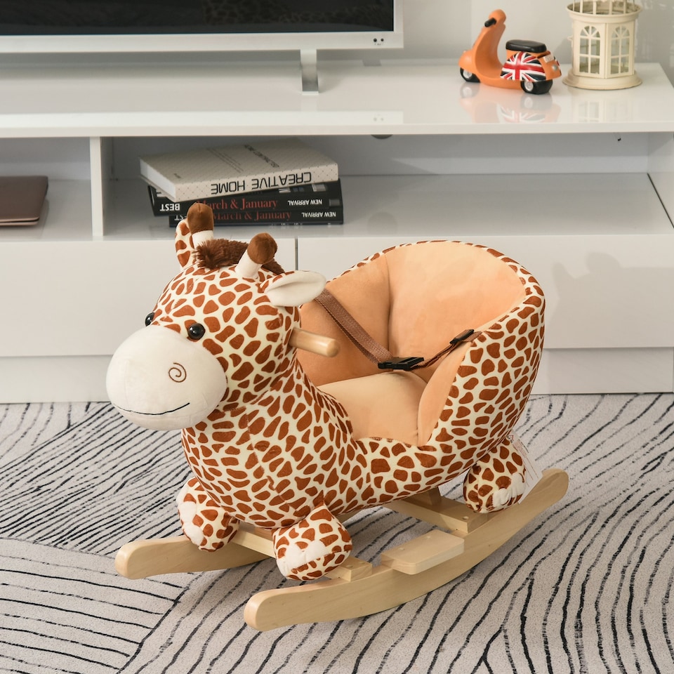 image 1 of HOMCOM Baby Rocking Horse Kids Ride on Giraffe Plush Toy W/ 32 Song Seat Belt