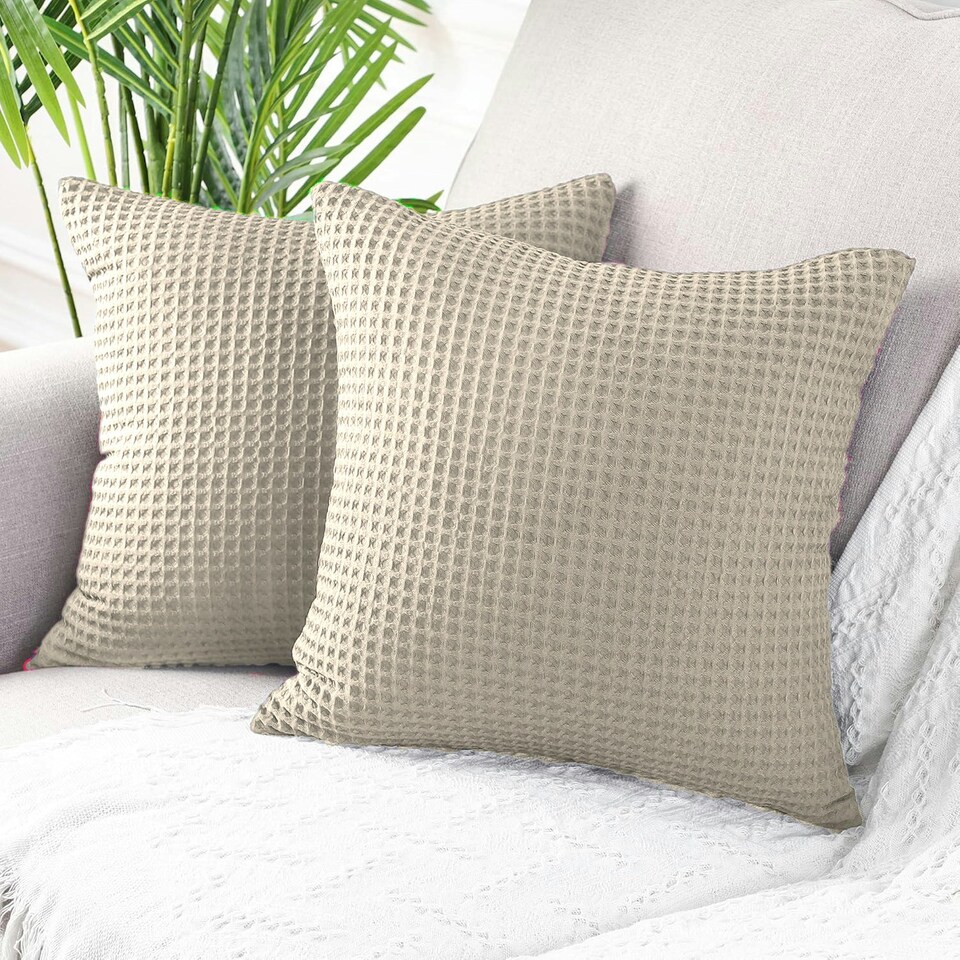 image 1 of Two Pack Waffle Cushion Covers 65 x 65cm - 100% Cotton Cream | Taupe