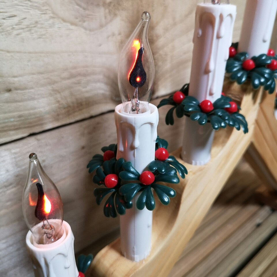 image 1 of 40cm Premier Christmas Candlebridge with 7 Flickering Bulb in Light Wood Finish Mains Operated