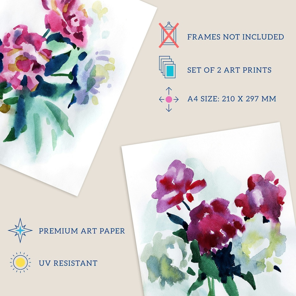 image 1 of Set of 2 Spring Flower Bouquet Glass Vase Floral Watercolour Bedroom Wall Art Print A4