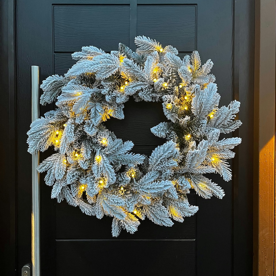 image 1 of 60cm Premium Mixed branch prelit Snow Flocked Christmas Wreath - with timer
