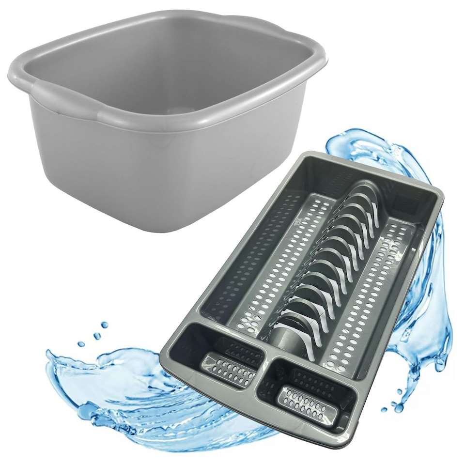 image 1 of Silver Rectangular Washing Up Bowl & Dish Rack Sets Ideal For Kitchens & Sinks Silver