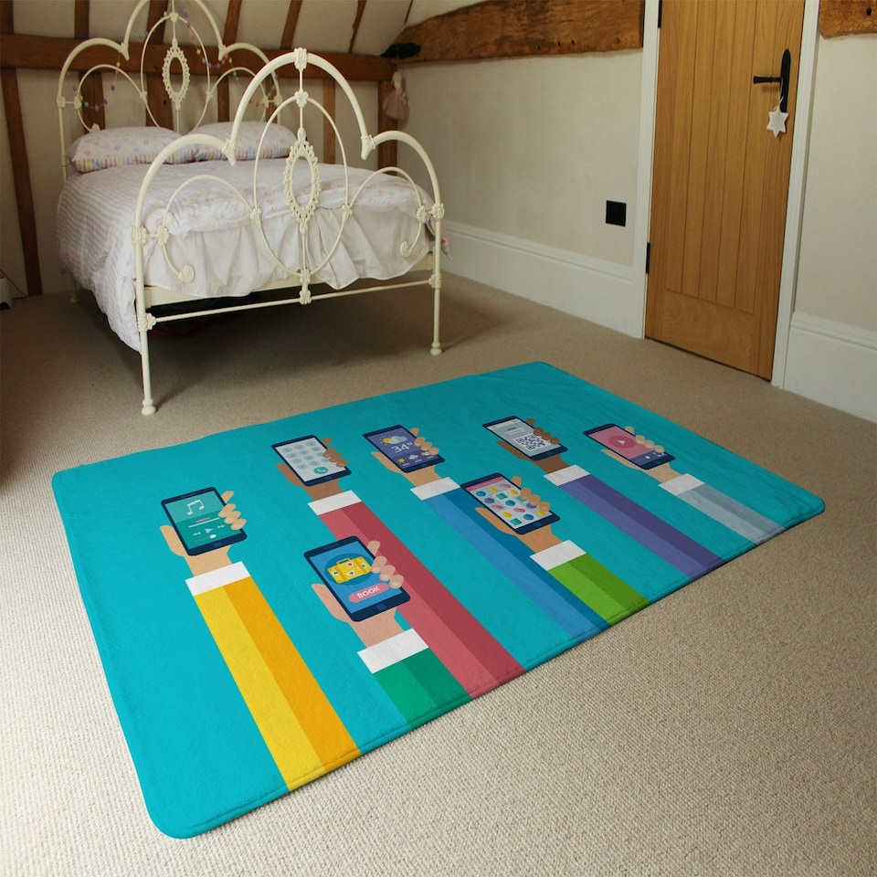 image 1 of Hands holding smart phones (Rug) Blue | Medium: 80x150cm