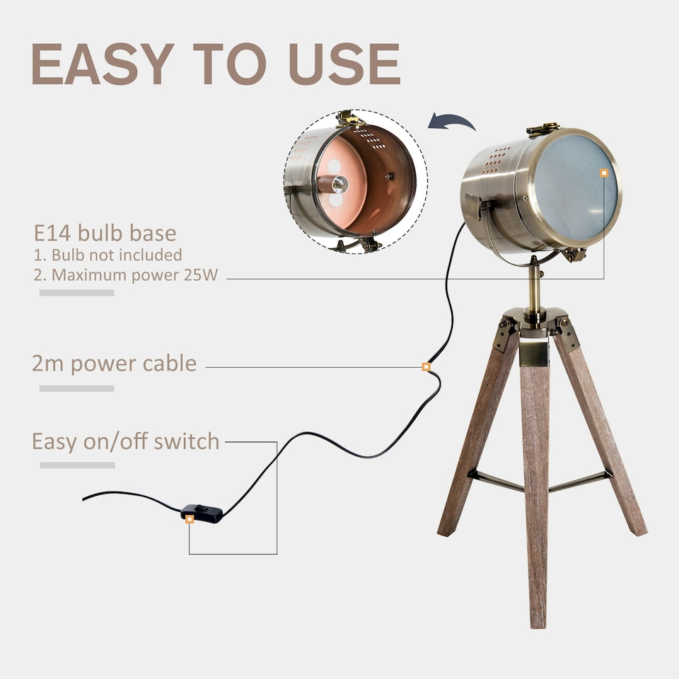 image 1 of HOMCOM Vintage Tripod Table Desk Lamp Bedside Light Copper Finish Wooden Base