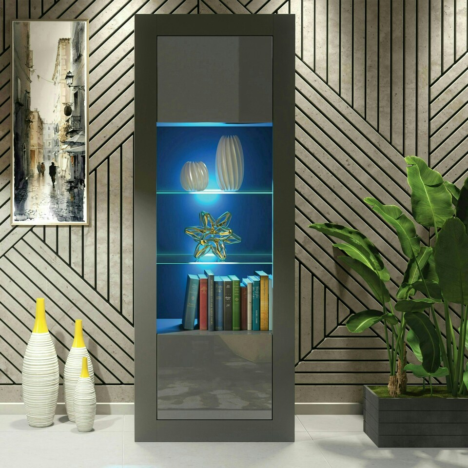image 1 of Tall Cabinet 170cm Grey Gloss Doors Grey Matt Body Free LED Light | Grey