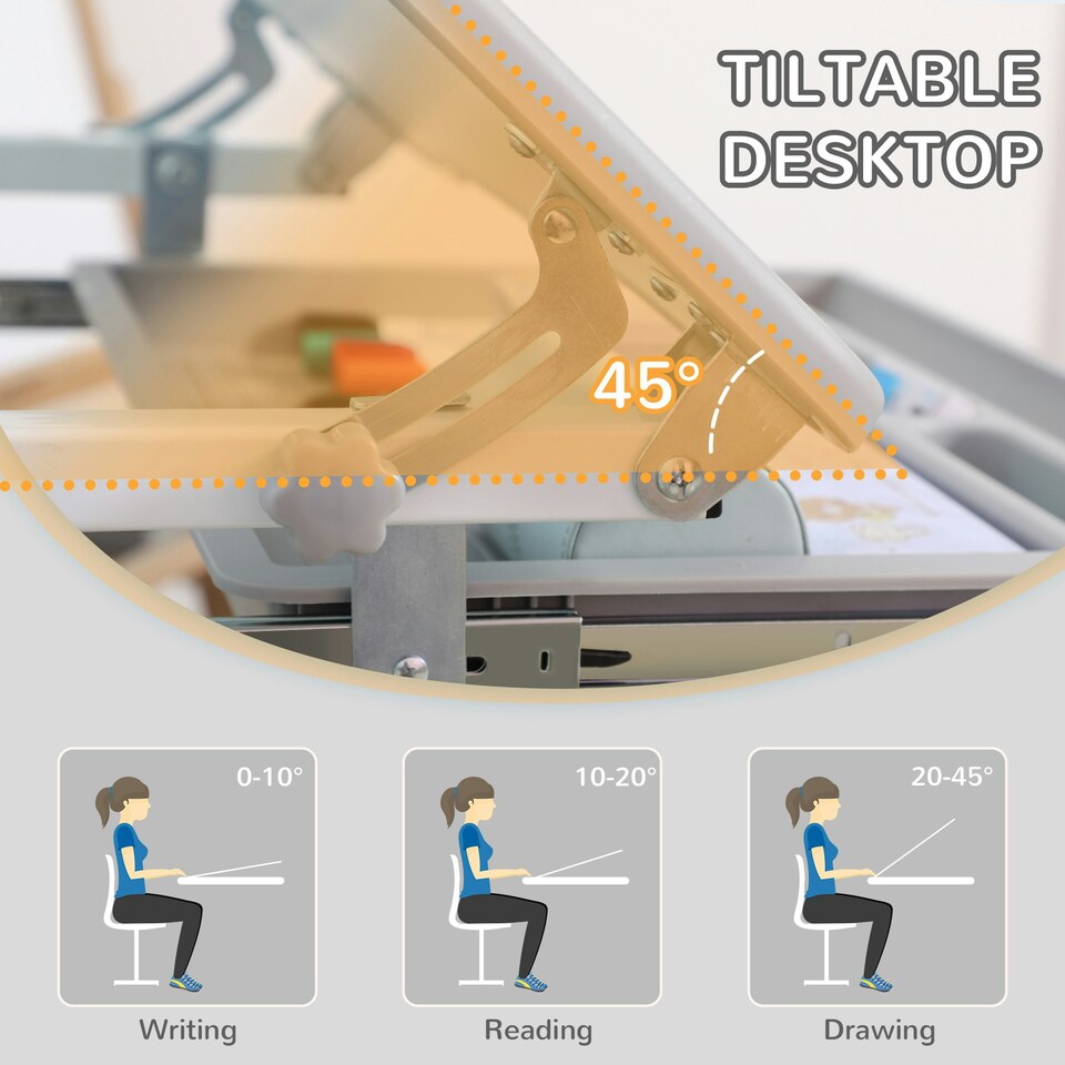 image 1 of HOMCOM Kids Desk and Chair Set Adjustable Tiltable with Drawer Pen Slot Hook 