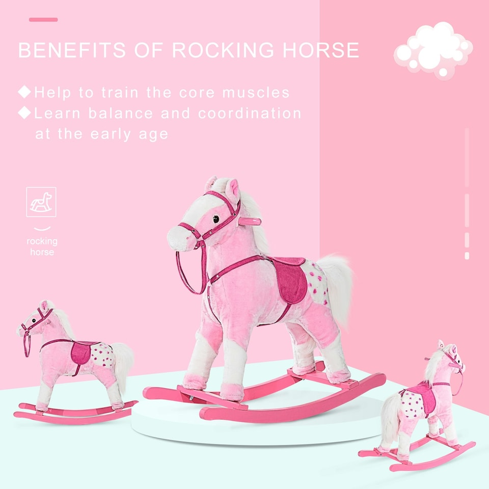 image 1 of HOMCOM Rocking Horse Toy Plush Wood Pony Riding Rocker Neigh Sound Pink