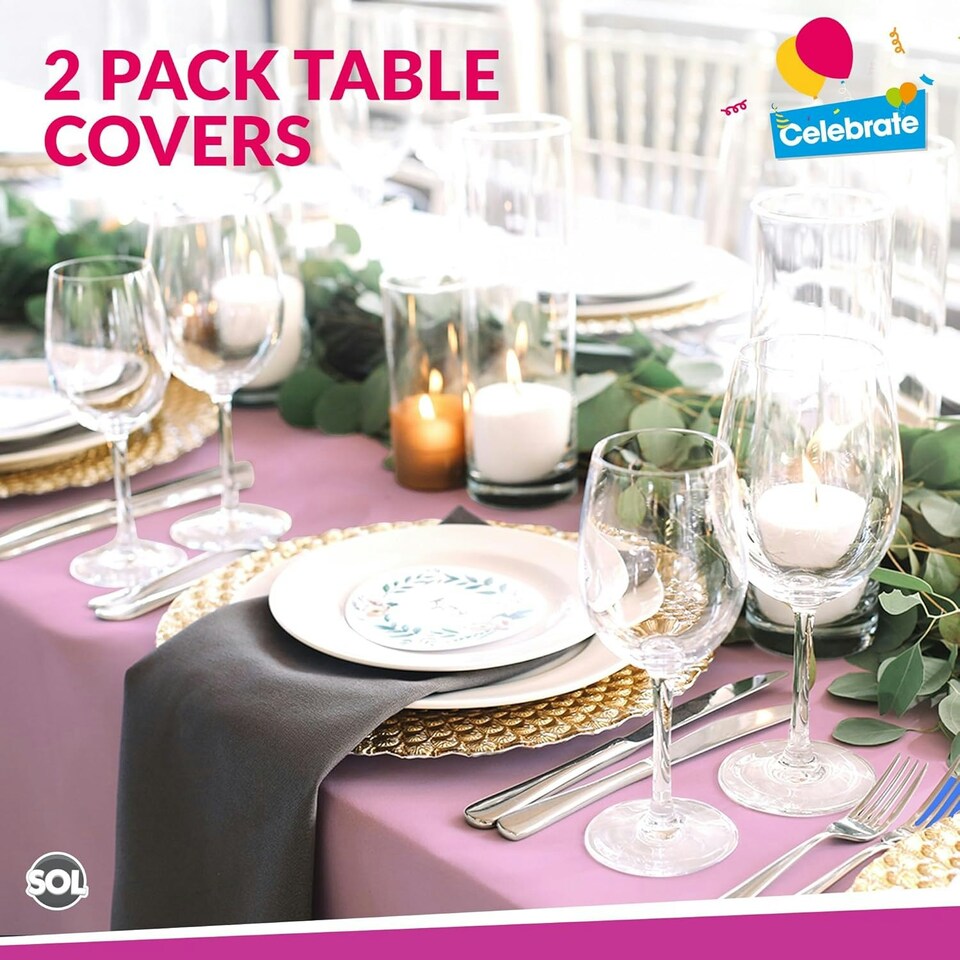 image 1 of SOL 2pk Long Pink Table Cloth Party 274x137cm Plastic Cover Disposable Pink