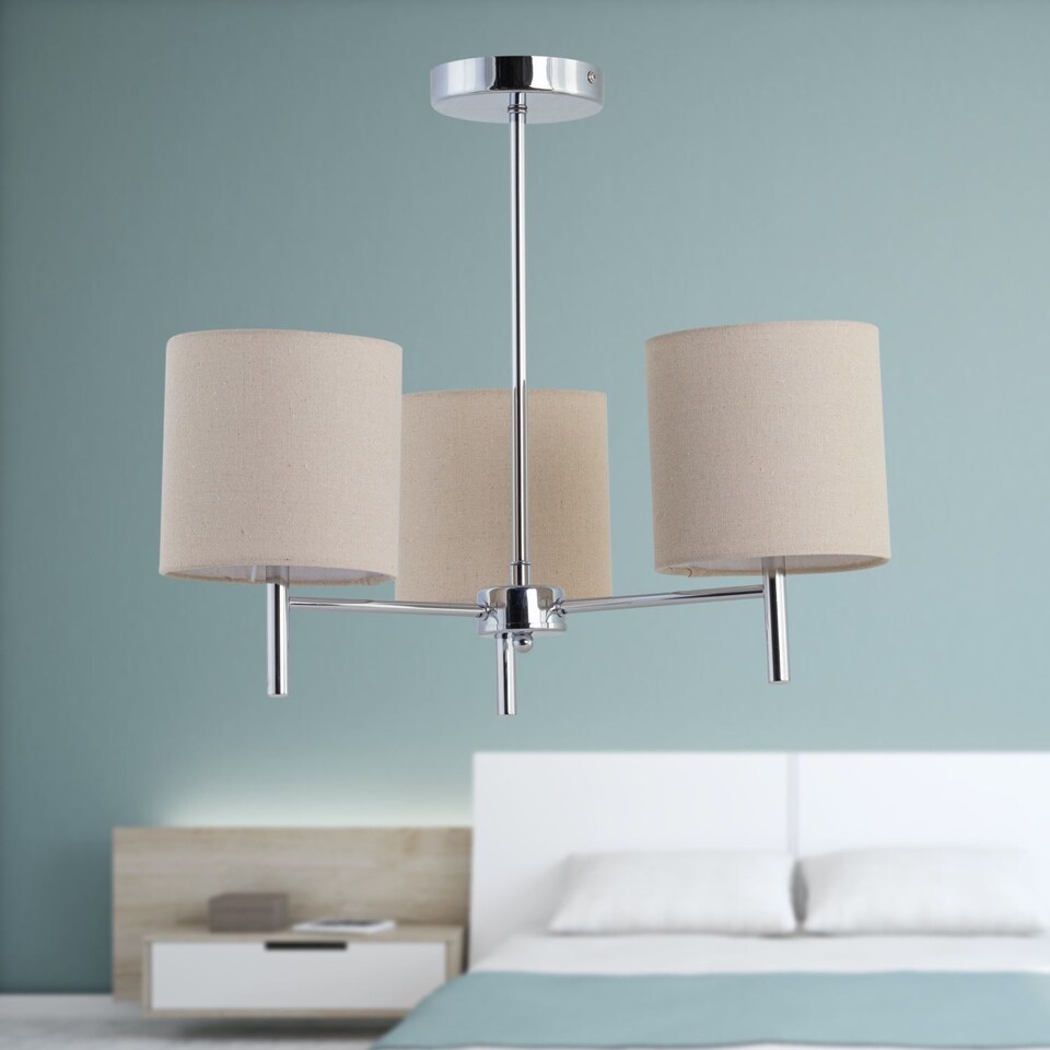image 1 of Brea - Chrome 3 Light Fitting with Natural Linen Shades | Chrome | Brown | 1