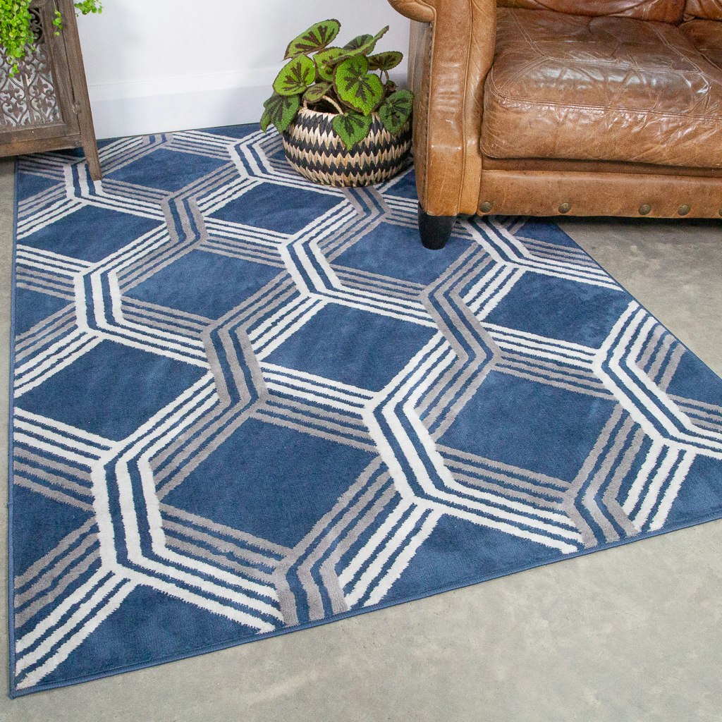 KUKOON Navy Blue Grey Modern Geometric Living Area Rug 80cm x 150cm | Blue