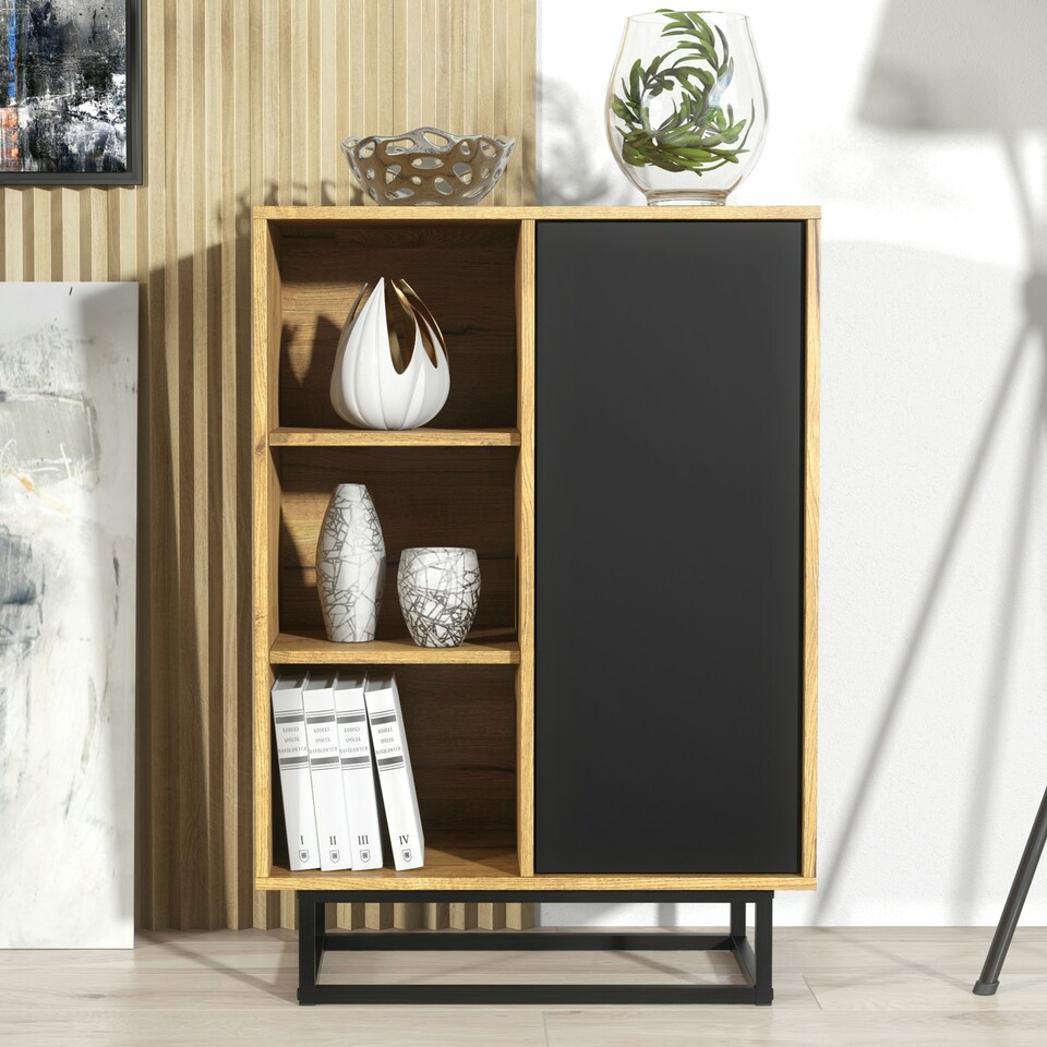 image 1 of Sideboard 70cm Oak Matt and Black Matt with Metal Legs | Multi | Oak