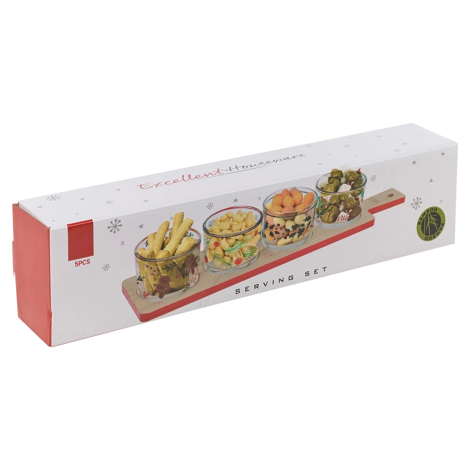 image 1 of 5Pc Decorative Christmas Serving Set Bamboo Tray Festive Glass Serving Bowl Gift