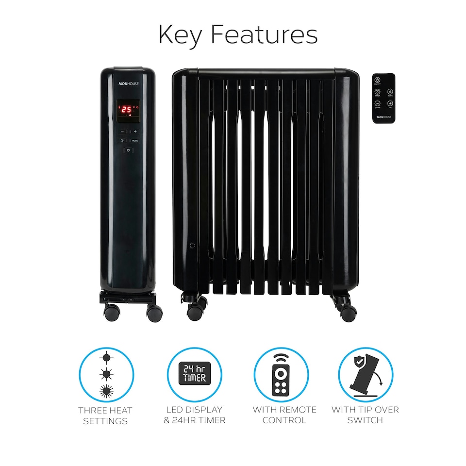image 1 of MONHOUSE 2500W Digital Oil Filled Radiator - Portable Electric Heater with LED Display & Adjustable Thermostat, Remote Control, Overheat Safety Cut Off - Black
