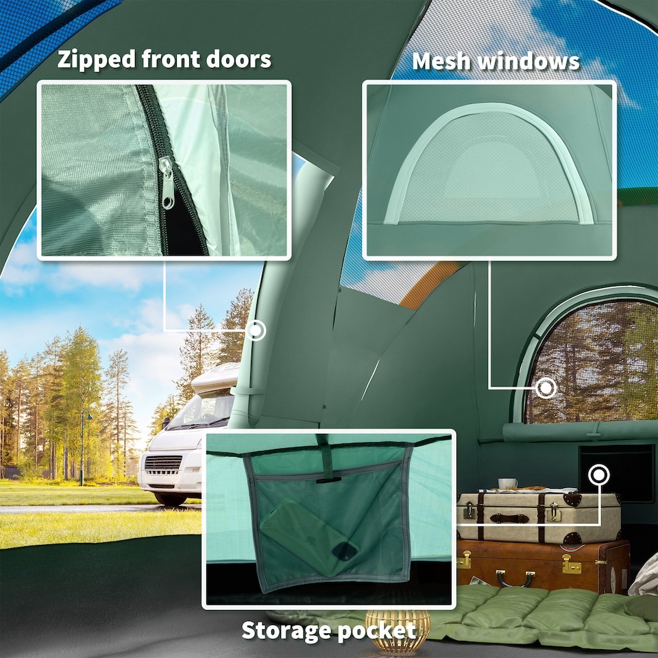 image 1 of Outsunny 5 Man Camping Tent, 3000mm Hiking Shelter, Dark Green
