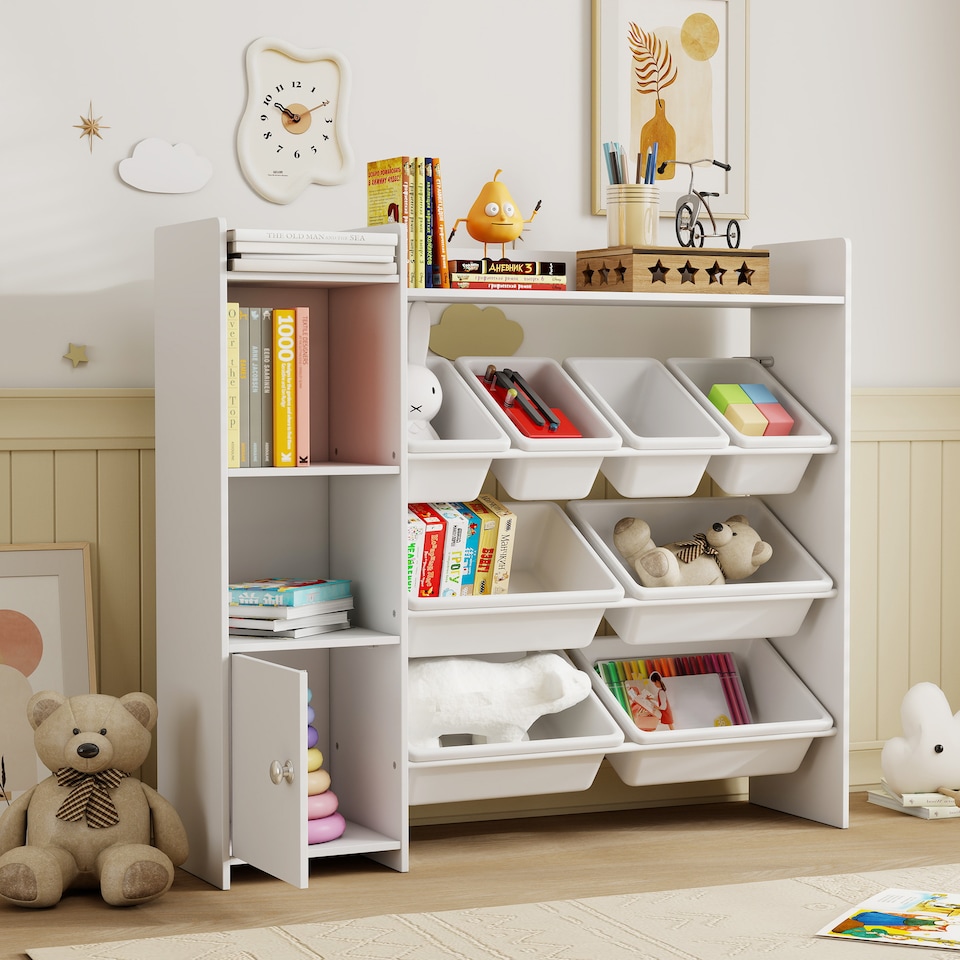 image 1 of AIYAPLAY Toy Storage Unit, with 8 Removable Bins, Storage Shelves, Cabinet, Toy Organiser, for Playroom, Kids Room, Nursery, White | White