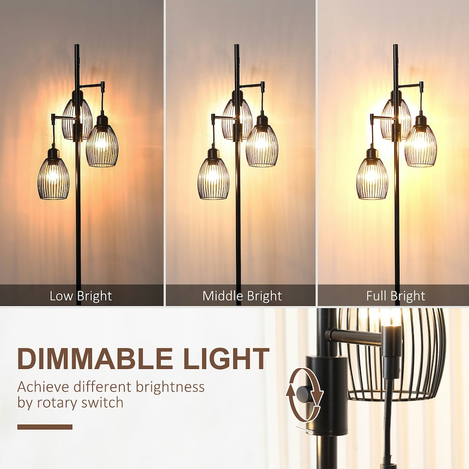 image 1 of HOMCOM Industrial 3-Light Floor Lamp Dimmable Standing Lamp for Living Room