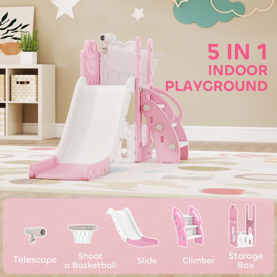 image 1 of AIYAPLAY 5 in 1 Toddler Slide Set with Basketball Hoop for Age 1-3, Pink