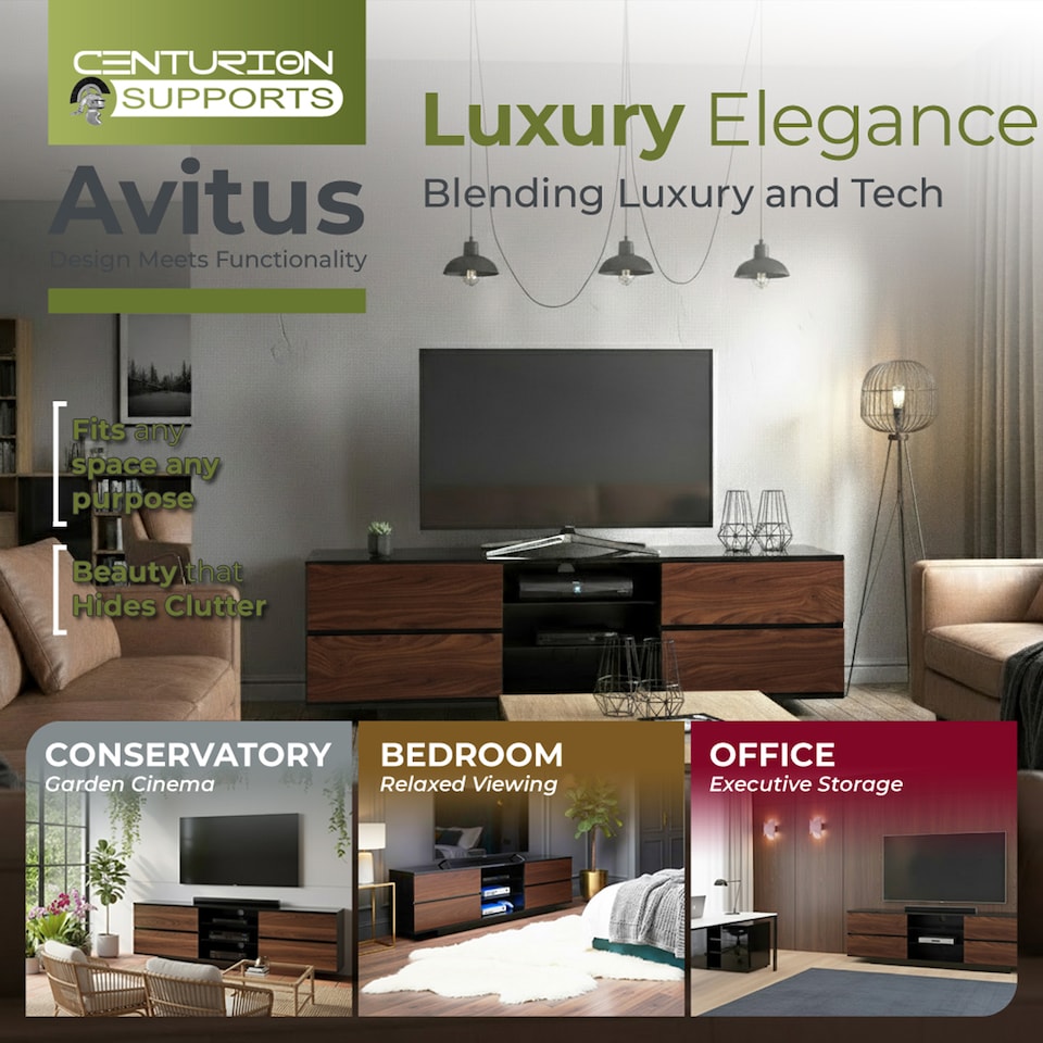 image 1 of Centurion Supports Avitus Gloss Black with 4-Walnut Drawers and 3-Shelf 32"-65" LED/LCD/Plasma TV Stand | Black | 1