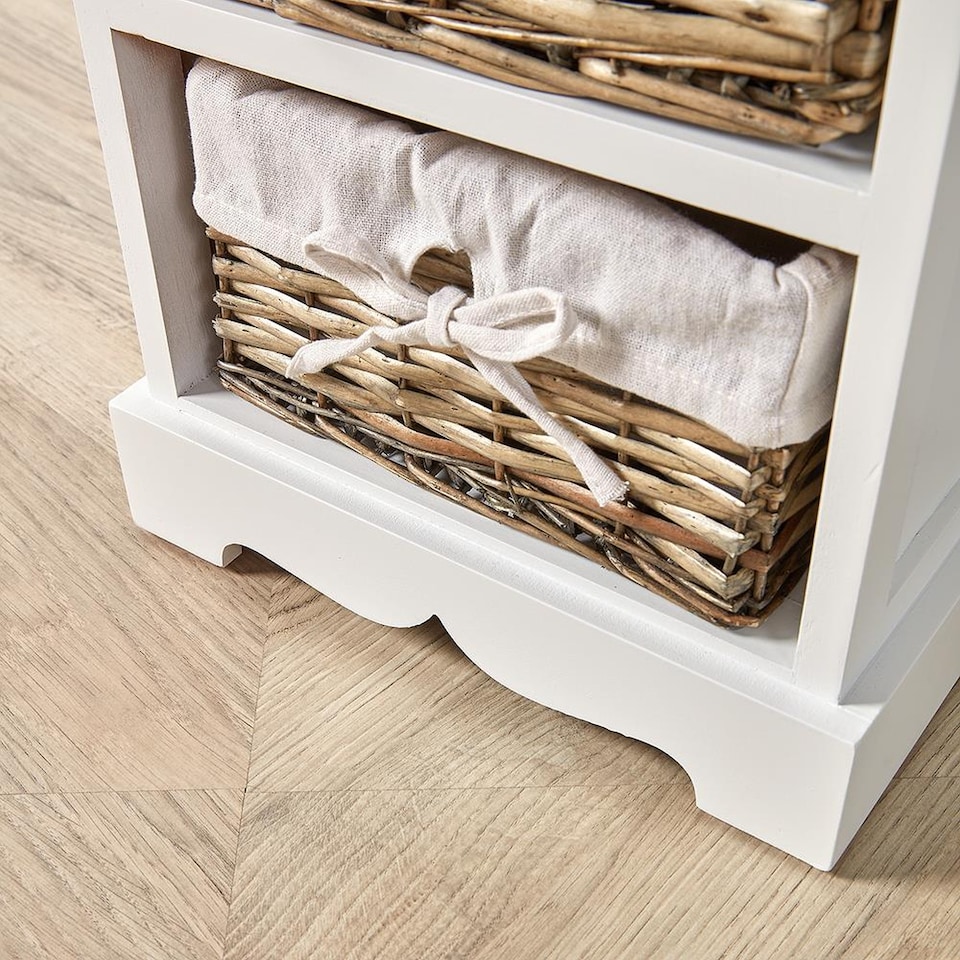 image 1 of Wooden Chest Of Drawer Storage Unit Willow Wicker Baskets Bedside Fully Assembled | White