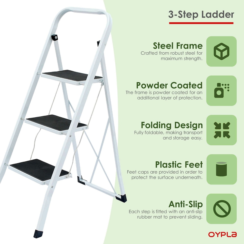 image 1 of Oypla Foldable 3 Step Ladder Stepladder Non Slip Tread Safety Steel White