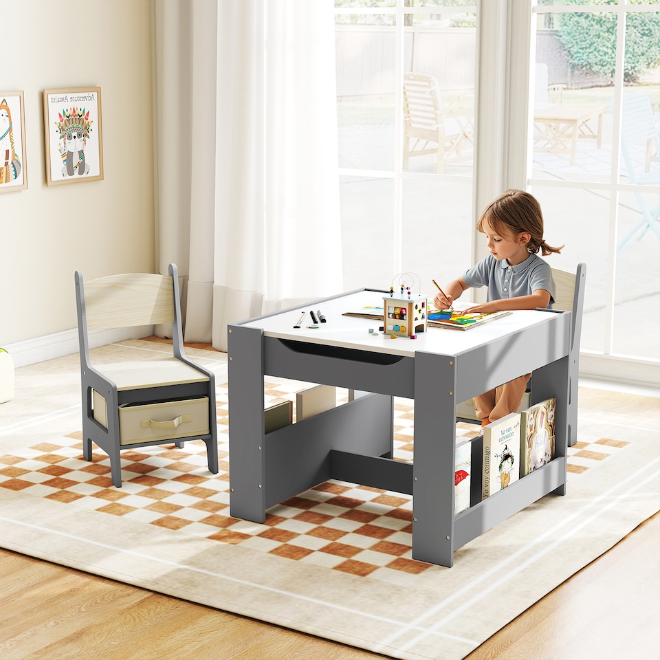 image 1 of COSTWAY Kids Table & Chairs Set 4 in 1 Toddler Table Grey