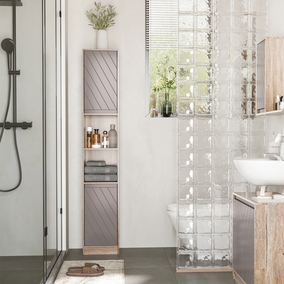 image 1 of HOMCOM Narrow Bathroom Cabinet, Slim Bathroom Storage Unit with Open Compartment, Freestanding Storage Cupboard with Adjustable Shelves for Small Spaces, 30 x 24 x 170 cm, Grey and Oak