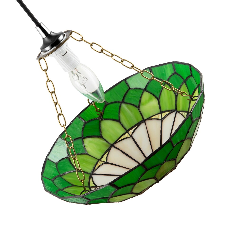 image 1 of Amber and Green Stained Glass Domed Tiffany Pendant Lamp Shade with Chain | Green