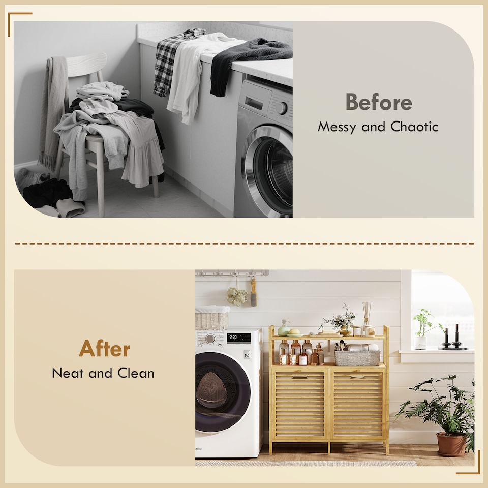 image 1 of HOMCOM Double Tilt Out Laundry Cabinet Bamboo Laundry Hamper Cabinet | Brown | Natural, Cream White | 82W x 33D x 88H cm