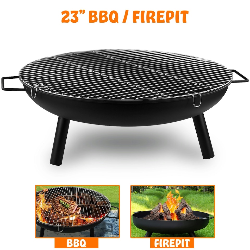 image 1 of Outdoor Fire Pit WITH BBQ Grill, Fire Pits for Garden, BBQ Fire Brazier for Camping Picnic, Steel Fire Bowl Patio Heater Charcoal Log Wood Burner, 58cm