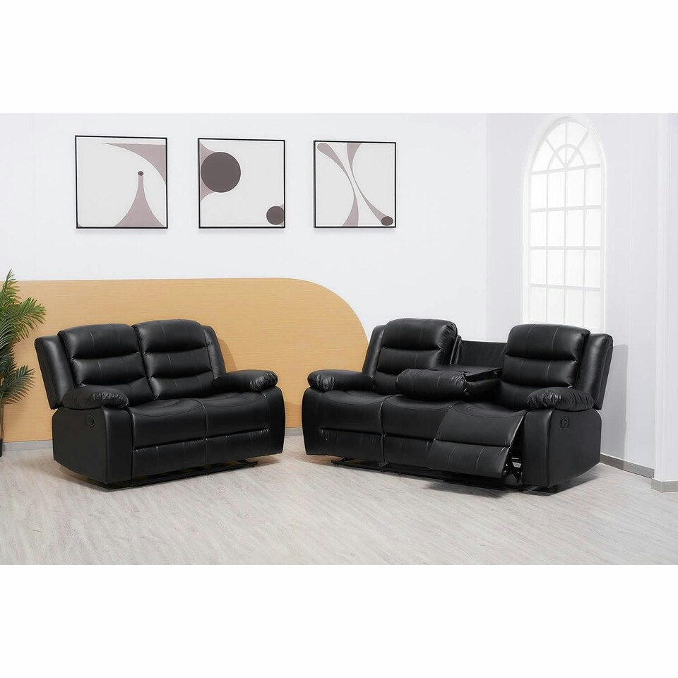 image 1 of Roma Recliner Leather 3 Plus 2 Seater Sofa Set, Armchair Inspired Home Theatre and Living Room Seating  Black Black