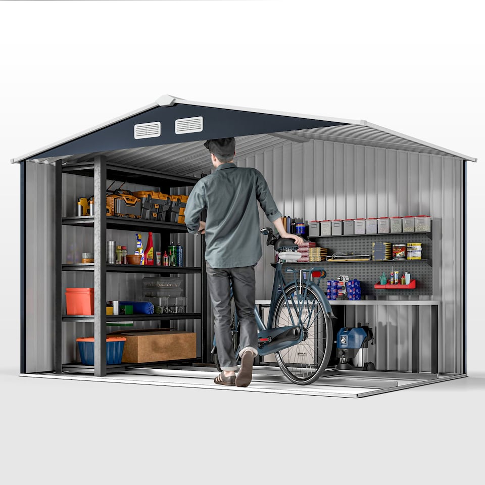 image 1 of Outsunny 9 x 6ft Metal Garden Shed, Outdoor Storage Tool House with Ventilation Slots, Foundation Kit and Lockable Double Doors, Dark Grey