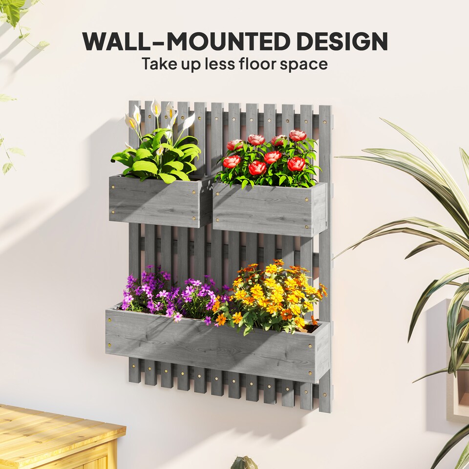 image 1 of Outsunny Wooden Garden Planters with Trellis Wall-mounted Raised Garden Bed | Grey | Grey