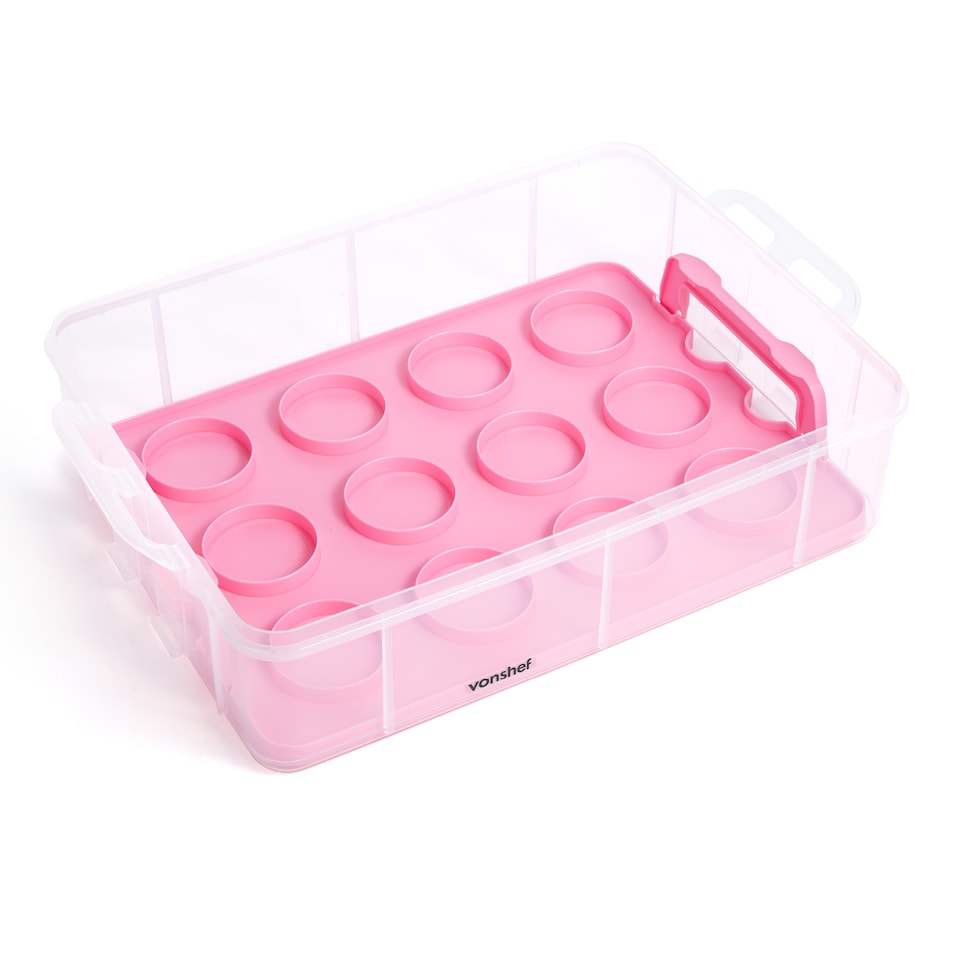 image 1 of VonShef Pink Cupcake Carrier with Handle 3 Tier Up to 36 Cakes