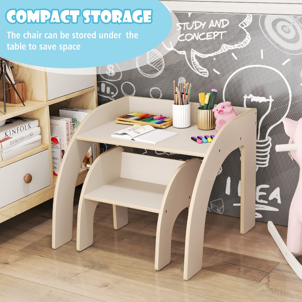 image 1 of COSTWAY Wooded Toddler Kids Desk and Chair Set White