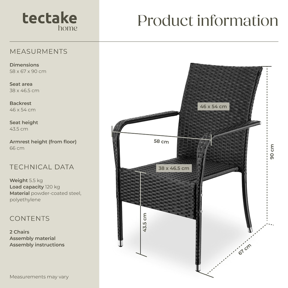 image 1 of Garden Chair Girona - polyrattan & steel, weather & sun resistant, stackable - Set of 2 Black