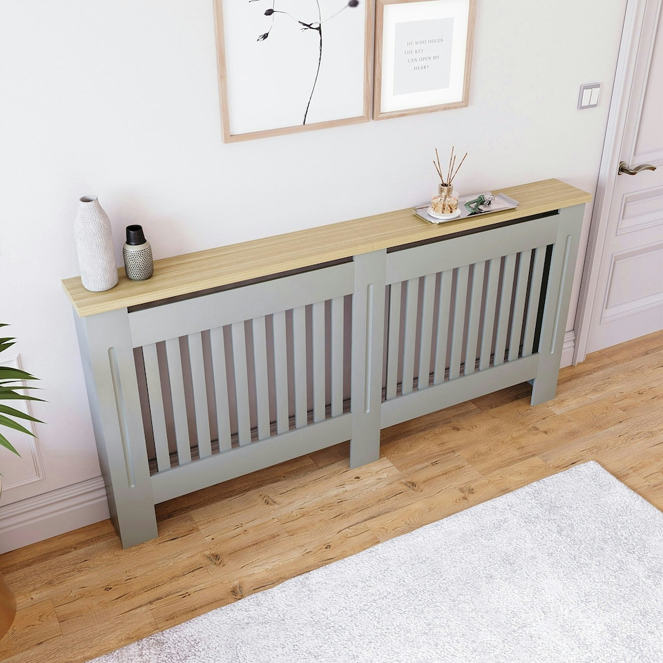 image 1 of Vida Designs Arlington Radiator Cover Painted MDF Slatted Cabinet, Grey, 172cm