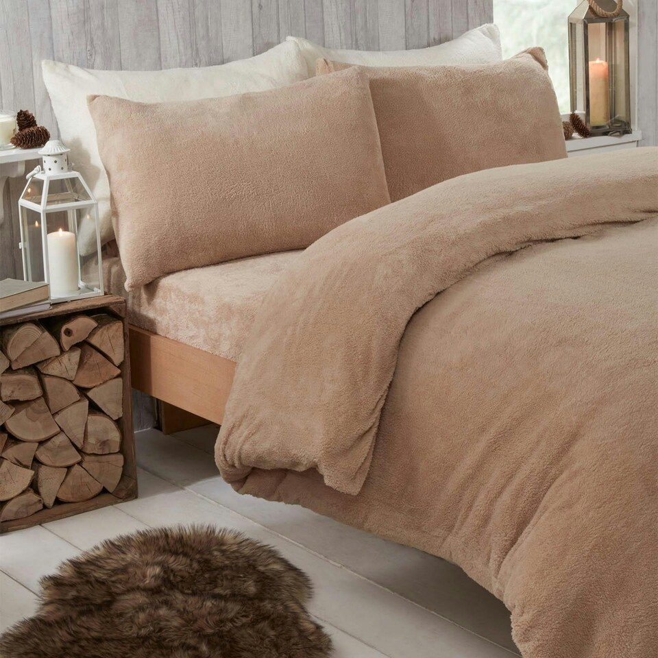 image 1 of OHS Soft Teddy Fleece Duvet Cover and Pillowcase Bedding Set, Super King - Latte