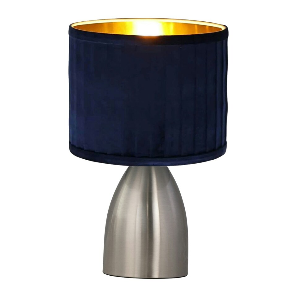 image 1 of First Choice Lighting Valentina Brushed Chrome Touch Lamp with Navy Pleated Velvet Shade Silver | Blue