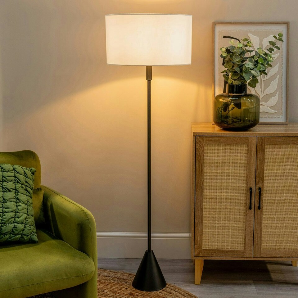 image 1 of ValueLights Mitch Grey Fabric Drum Lamp Shade Black Wood Single Stem Triangle Floor Lamp Black