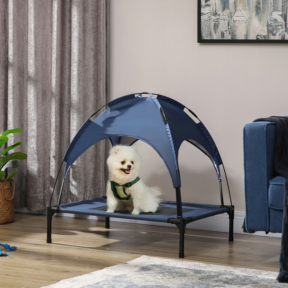 image 1 of PawHut 76cm Elevated Dog Bed Cooling Raised Pet Cot UV Protection Canopy Blue