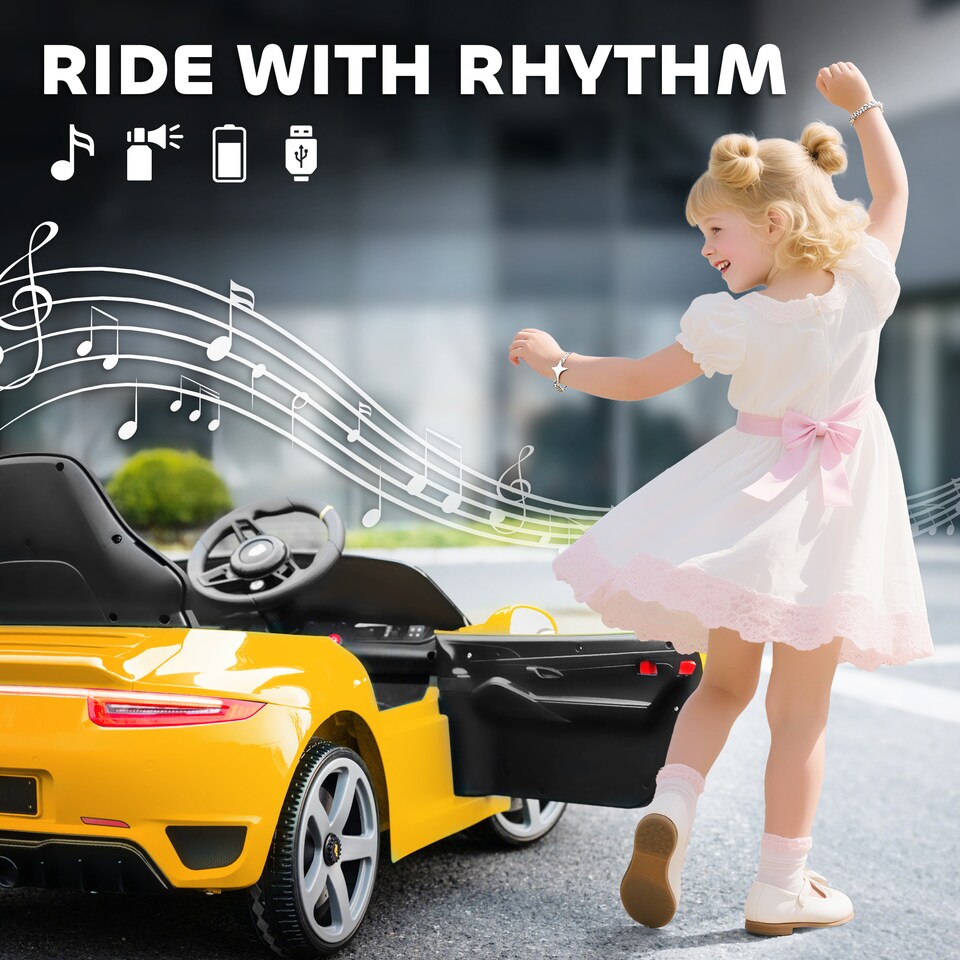 image 1 of AIYAPLAY RUF GT Licensed Electric Car for Kids, 12V Kids Ride on Car with Suspension System, Remote Control, Music, Horn, USB, Slow Start and Safety Belt for 3-5 Years Old Boys and Girls | Yellow