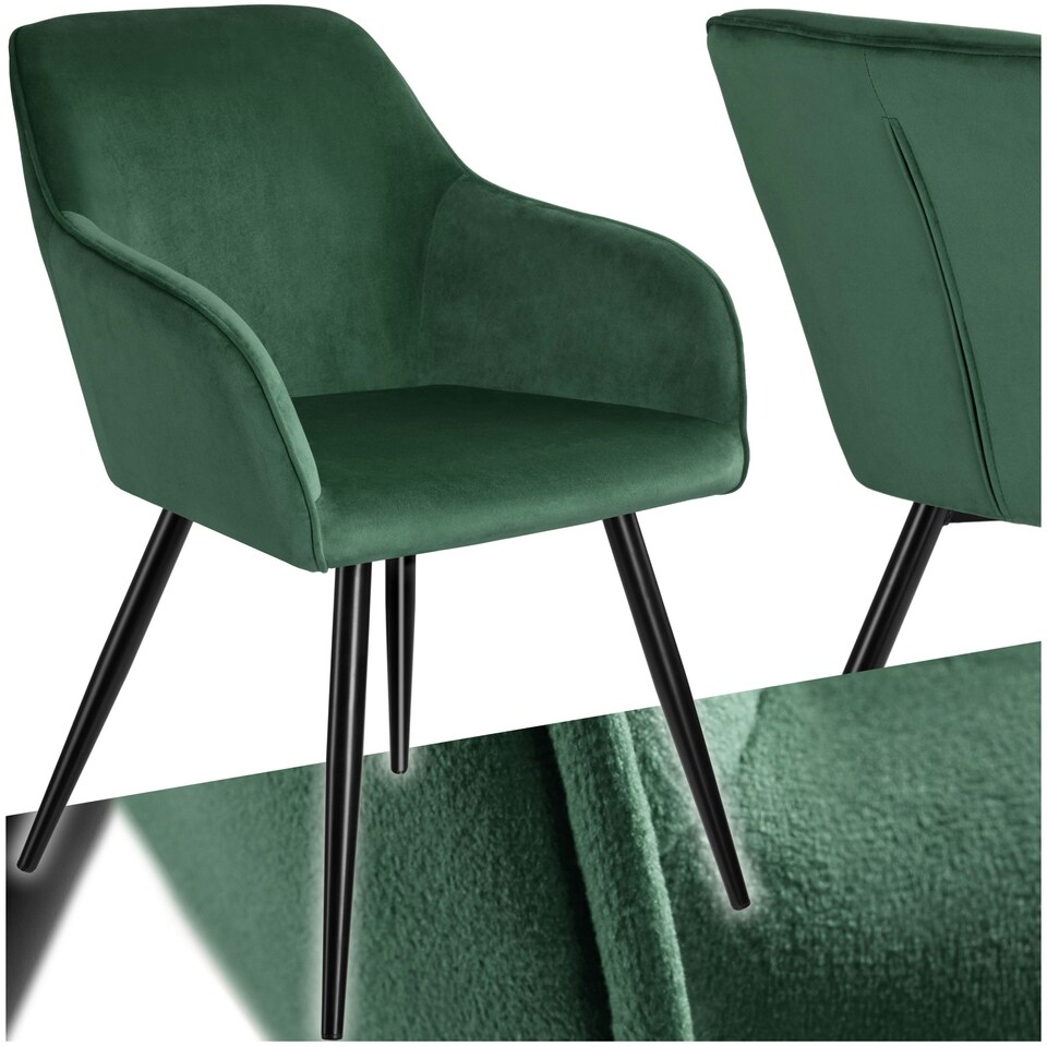 image 1 of Dining Chair Marilyn - with armrests, padded, velvet look, black steel legs - per piece Green | Dark Green/Black