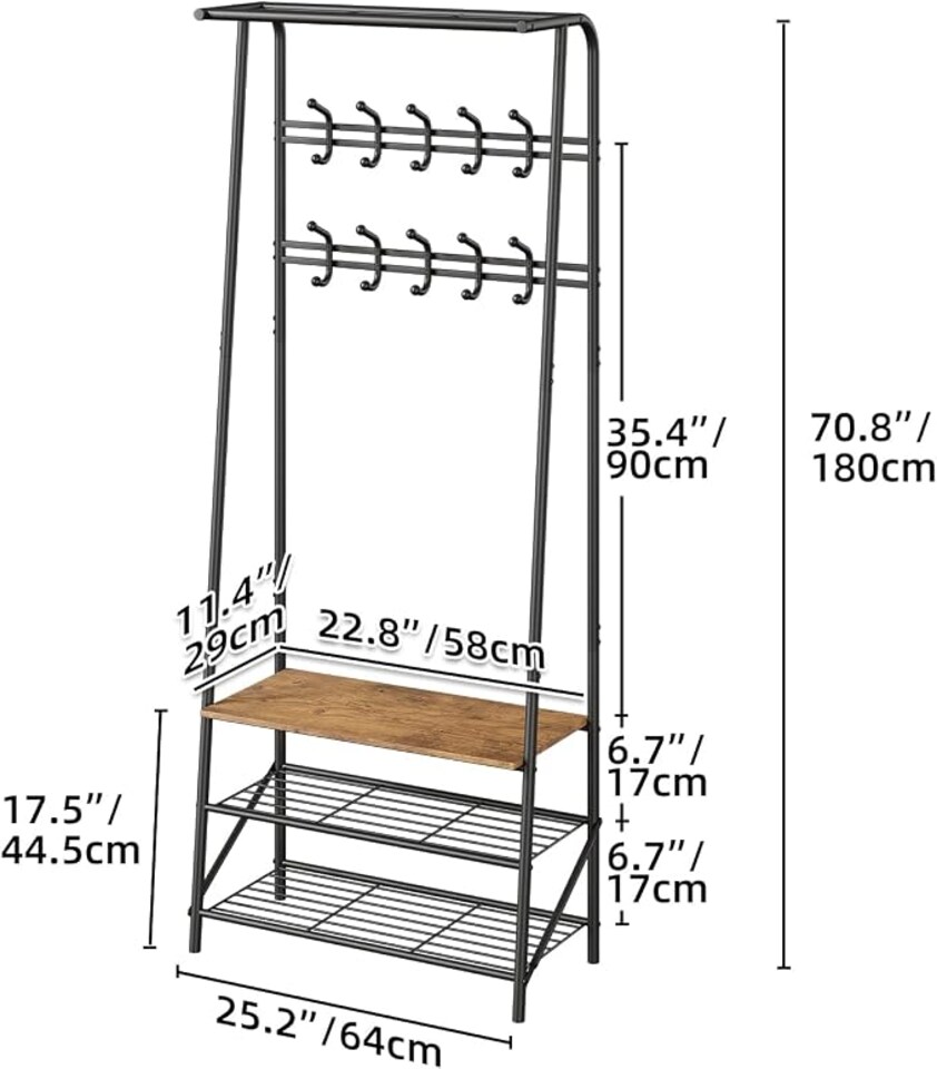 image 1 of London Boutique 4-in-1 Hall Tree with Bench and Shoe Rack, Double Coat Hooks, 60cm