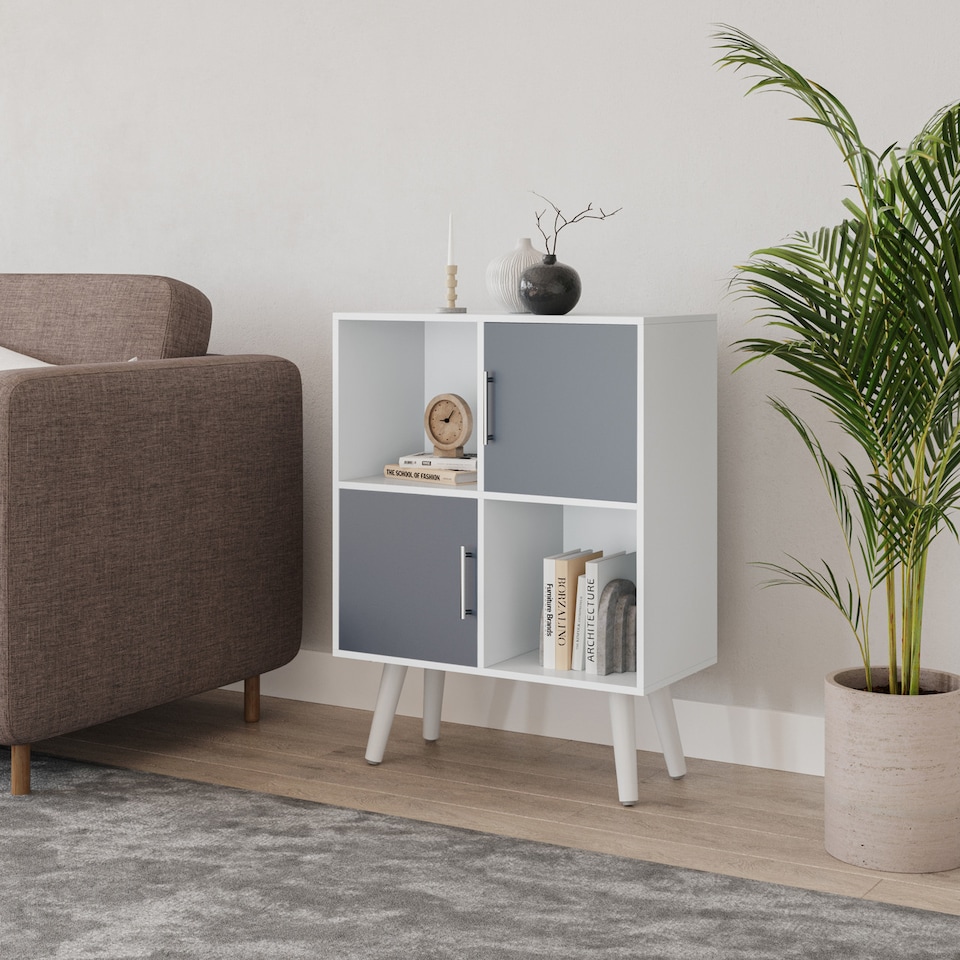 image 1 of White 4-Cube Storage Unit with 2 Metal Handle Doors and Legs | Grey | Grey & White | 1