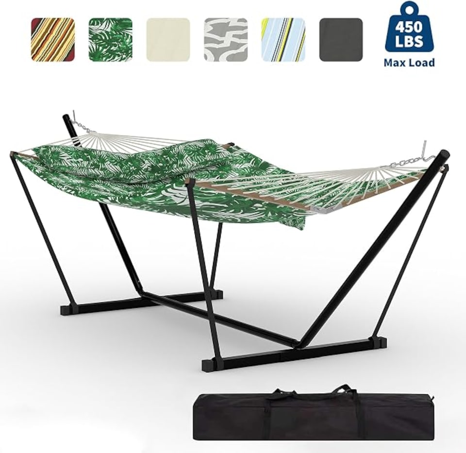 image 1 of London Boutique Double Hammock with Steel Stand, Burgundy Brown 3.65L x1.4W m